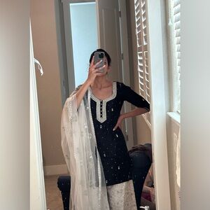 Black Embellished Women Palazzo Pants Set with White Dupatta